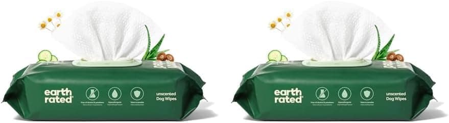 Earth Rated Toalhetes hipoalergénicas para cães, para limpar e remover odores de pinas, corpo e traseiro, cachorros e cães adultos, sem armas, 100 unidades x 2