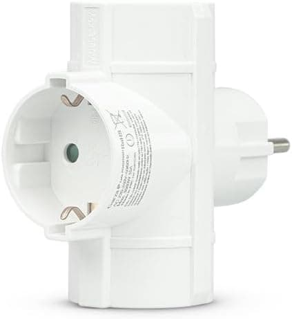 Garza - Adaptador de tomada tripla com tomada de terra, 3 tomadas Shuko, forma T, proteção infantil, formato retro, branco