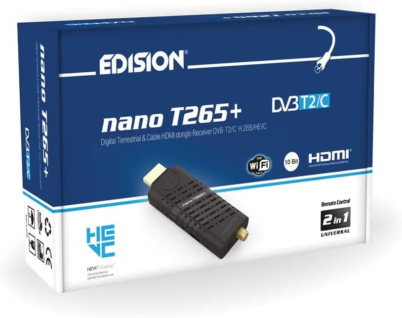 EDISION Nano T265 Receptor dongle HDMI terrestre TDT DVB-T2 e por cabo DVB-C, H265 HEVC, FTA, Full HD, PVR, USB, HDMI, sensor IR, suporte USB WiFi, controlo remoto universal 2em 1
