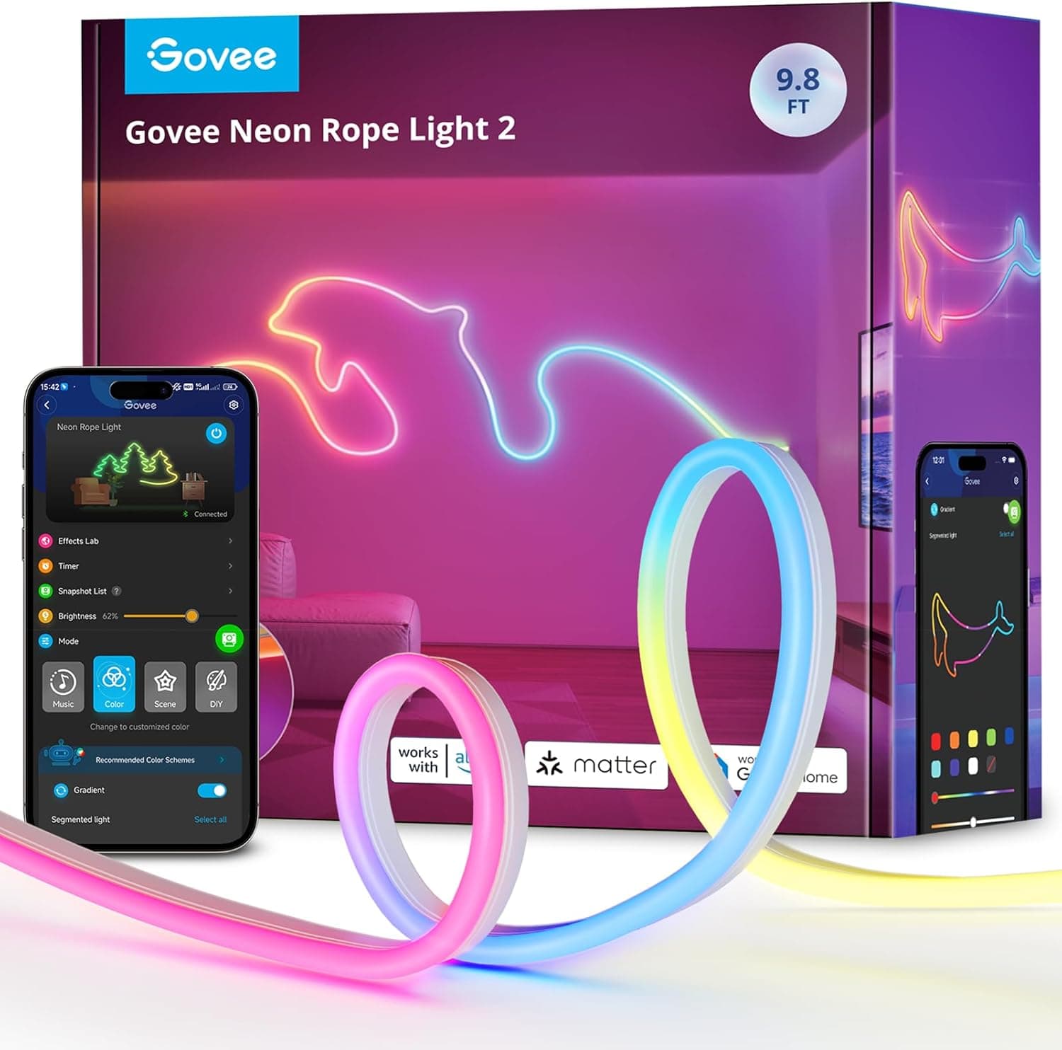 Govee Neon Rope Light 2, RGBIC Faixa LED de 3 m com Bende Clips, funciona com Matter, Alexa e Google Assistant, mapeamento de formas, efeitos de iluminação DIY, luzes LED para decoração de parede