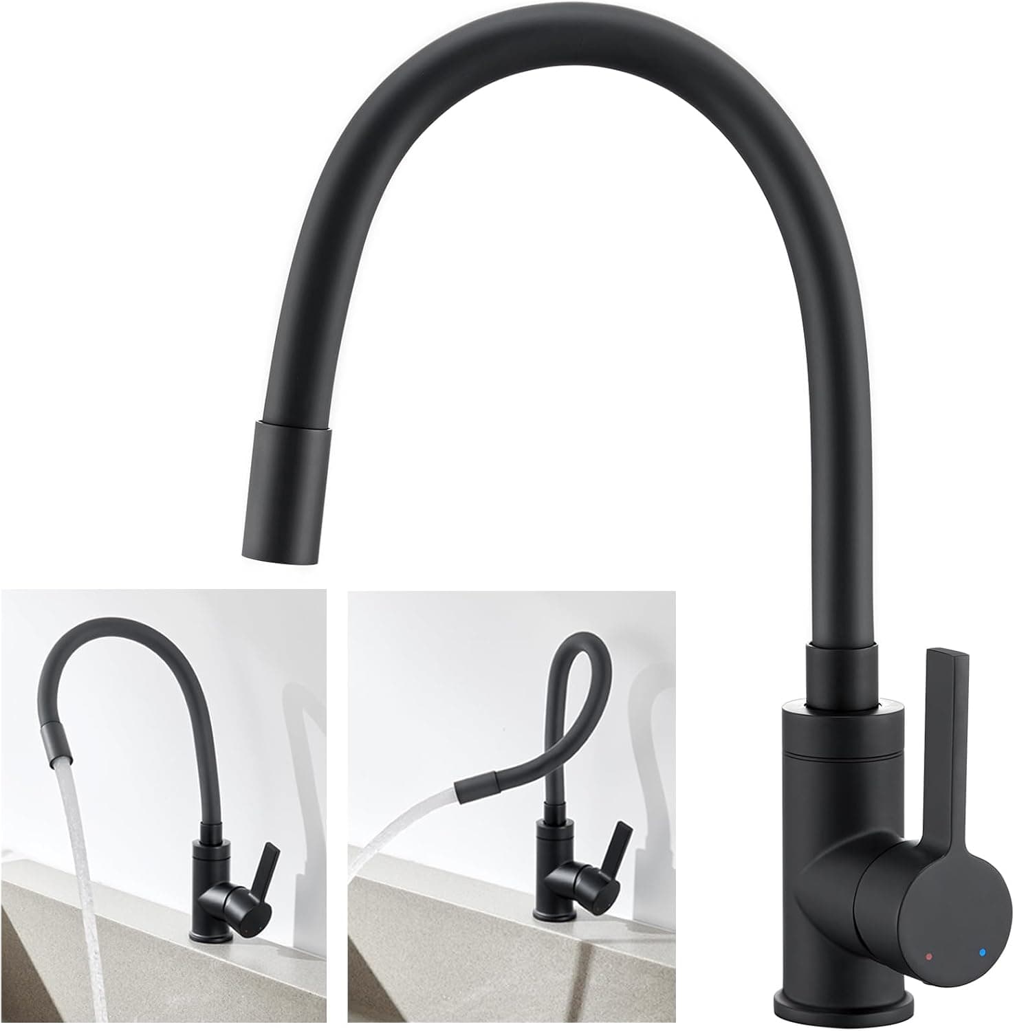 Auralum Torneira de cozinha preta, torneira de cozinha lava-louça com cano flexível, torneiras cozinha lava-louça giratória a 360°, torneira, cozinha, monocomando, flexível, água quente e fria