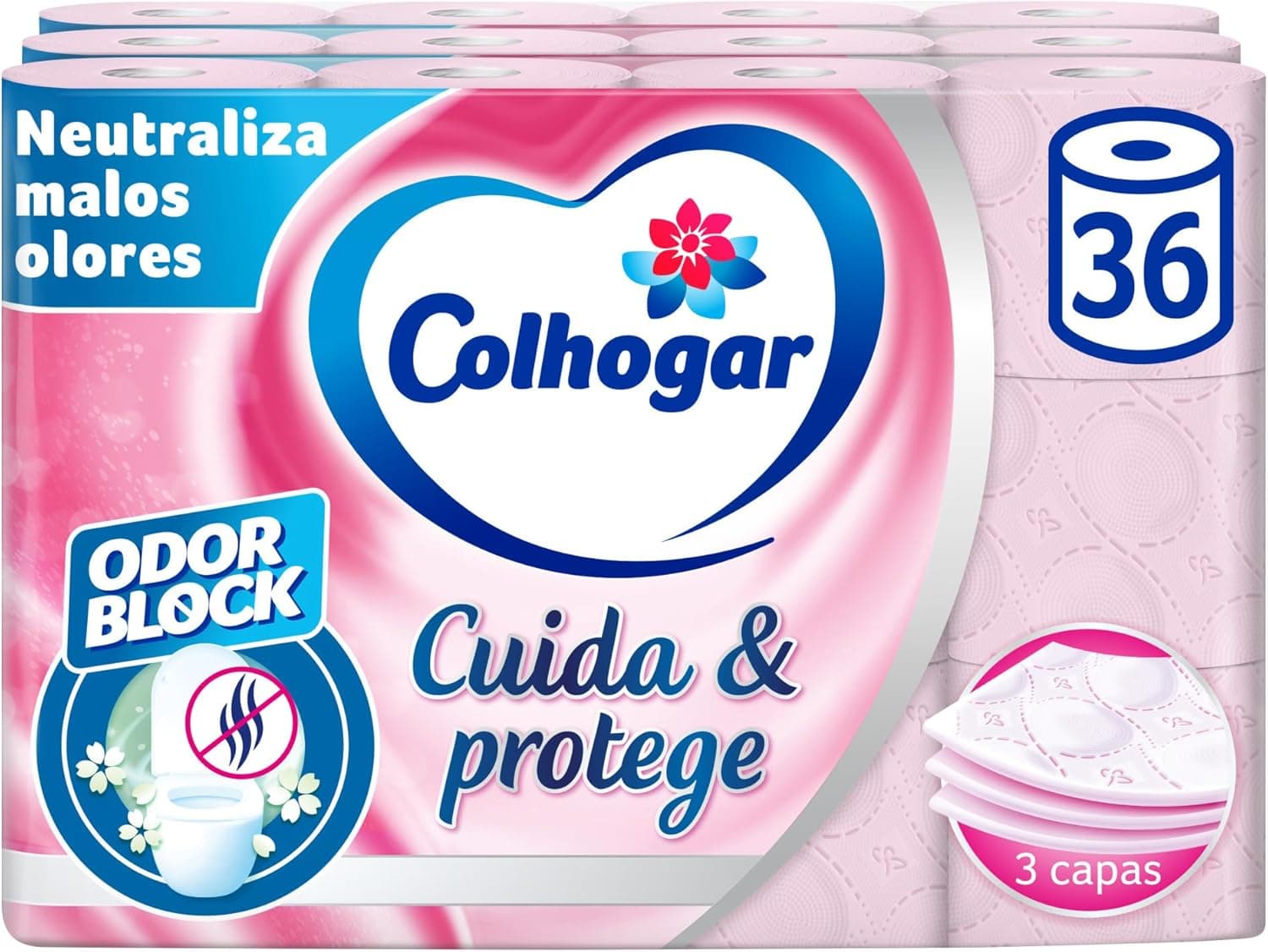 Colhogar, Cuidado e protege 3 x 12, papel higiénico com tecnologia Odor Block, neutraliza maus odores, embalagem com 36 rolos, 3 camadas