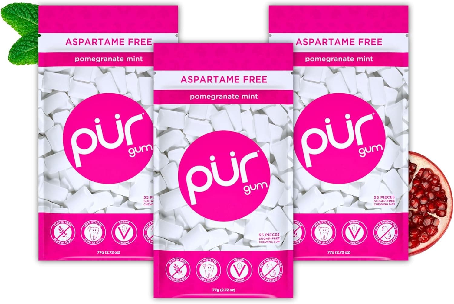 PUR Gum Pastilha sem açúcar | com Xilitol | vegano, sem partamo e sem glúten, pastilha elástica natural com sabor de pomegranate Mint, 55 peças (embalagem de 3)