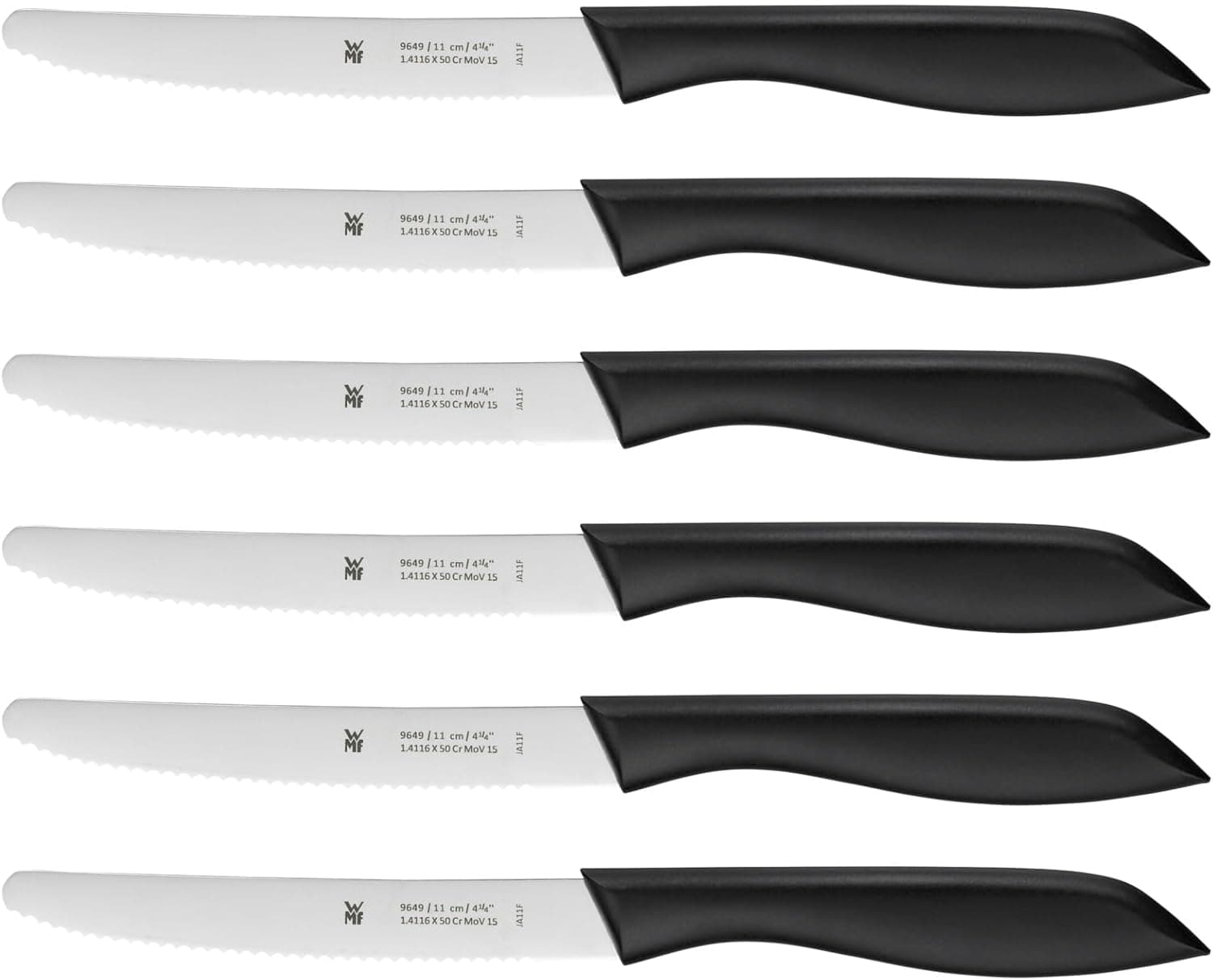 WMF Classic Line Conjunto de 6 facas de 23 cm, lâmina de aço especial com fio dentado e cabo de plástico adequados para máquina de lavar louça, preto