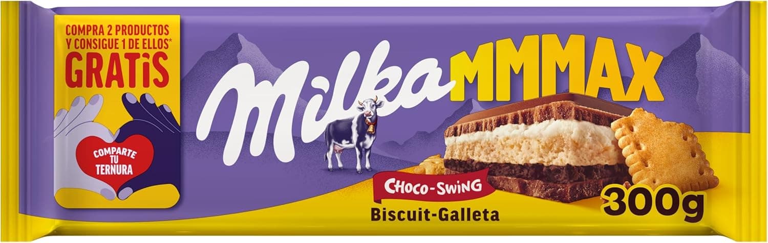 Milka MMMAX Choco Swing tablet grande de chocolate com leite dos alpes com bolacha, enchimento de creme de leite e creme de cacau 300 g