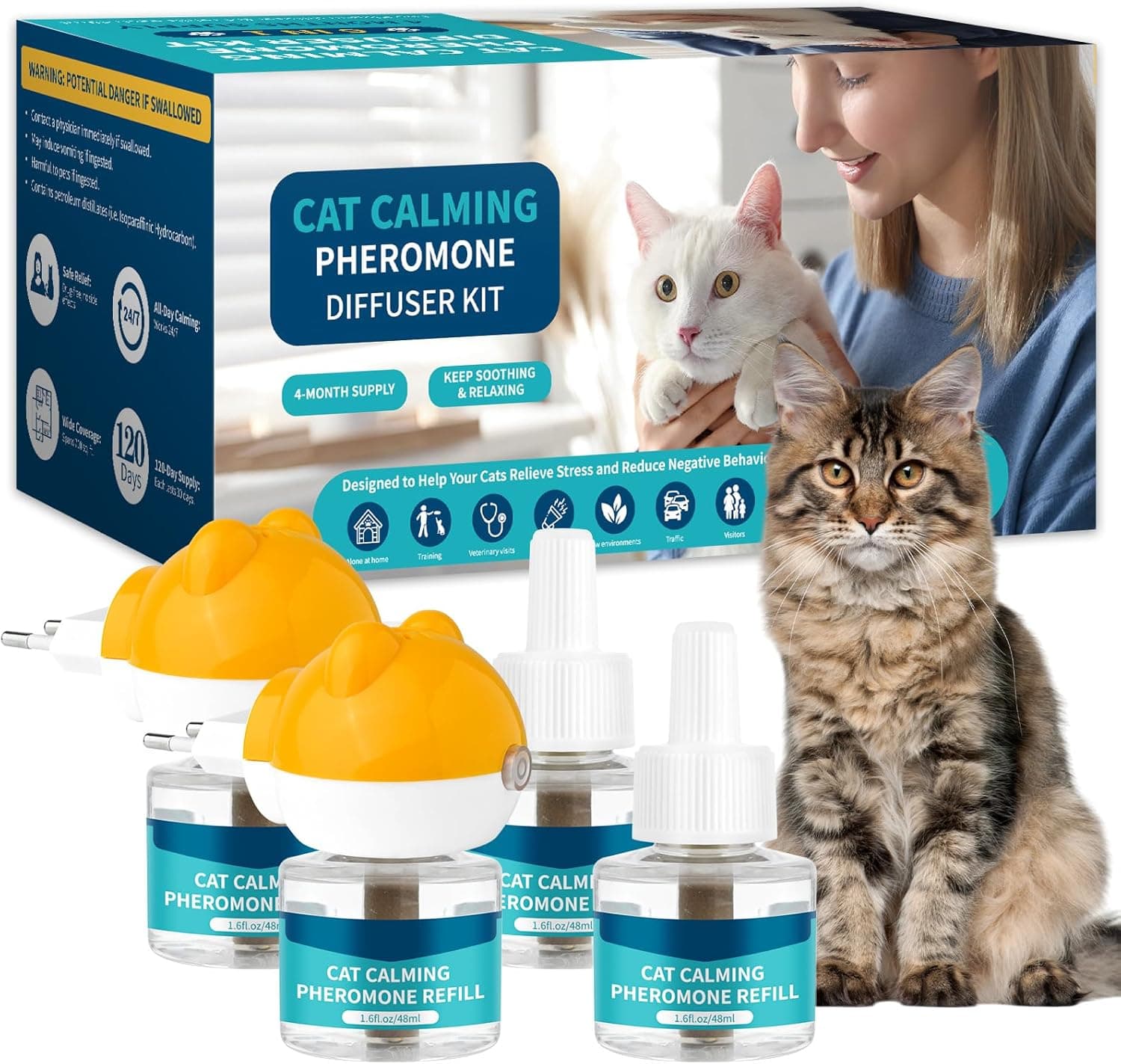 VICSOM Difusor feromonas para gatos, 6 em 1 - 120 dias, difusor heromonas gatos anti-stress, relaxante para gatos, 48 ml, kit difusor tranquilizante para gatos calmantes, 2 difusor e 4 peças