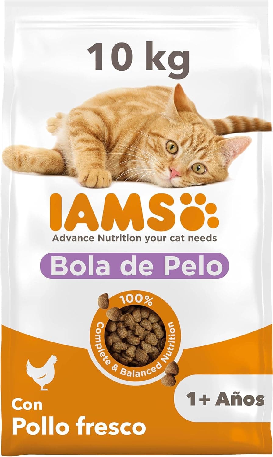 IAMS Alimento seco para gatos que ajuda a reduzir a formação de bolas de pelo, comida seca para gatos adultos com mais de 1 ano com frango fresco, 10 kg