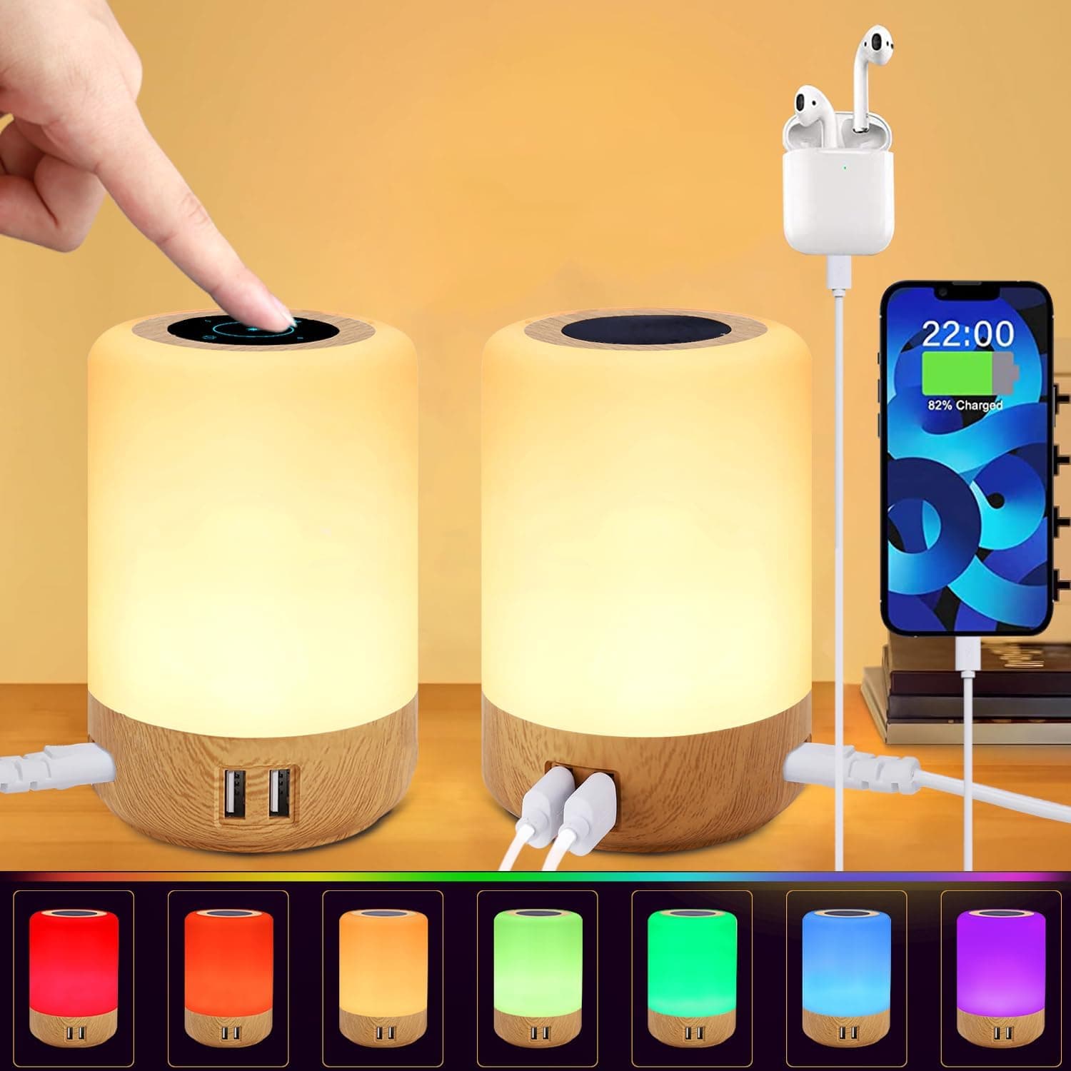 Taipow Candeeiro de mesa de cabeceira tátil, 6 W candeeiros de mesa LED modernos com 4 portas USB, 8 cores candeeiro multifuncional tátil para sala de estar quarto escritório quarto - 2 pacotes