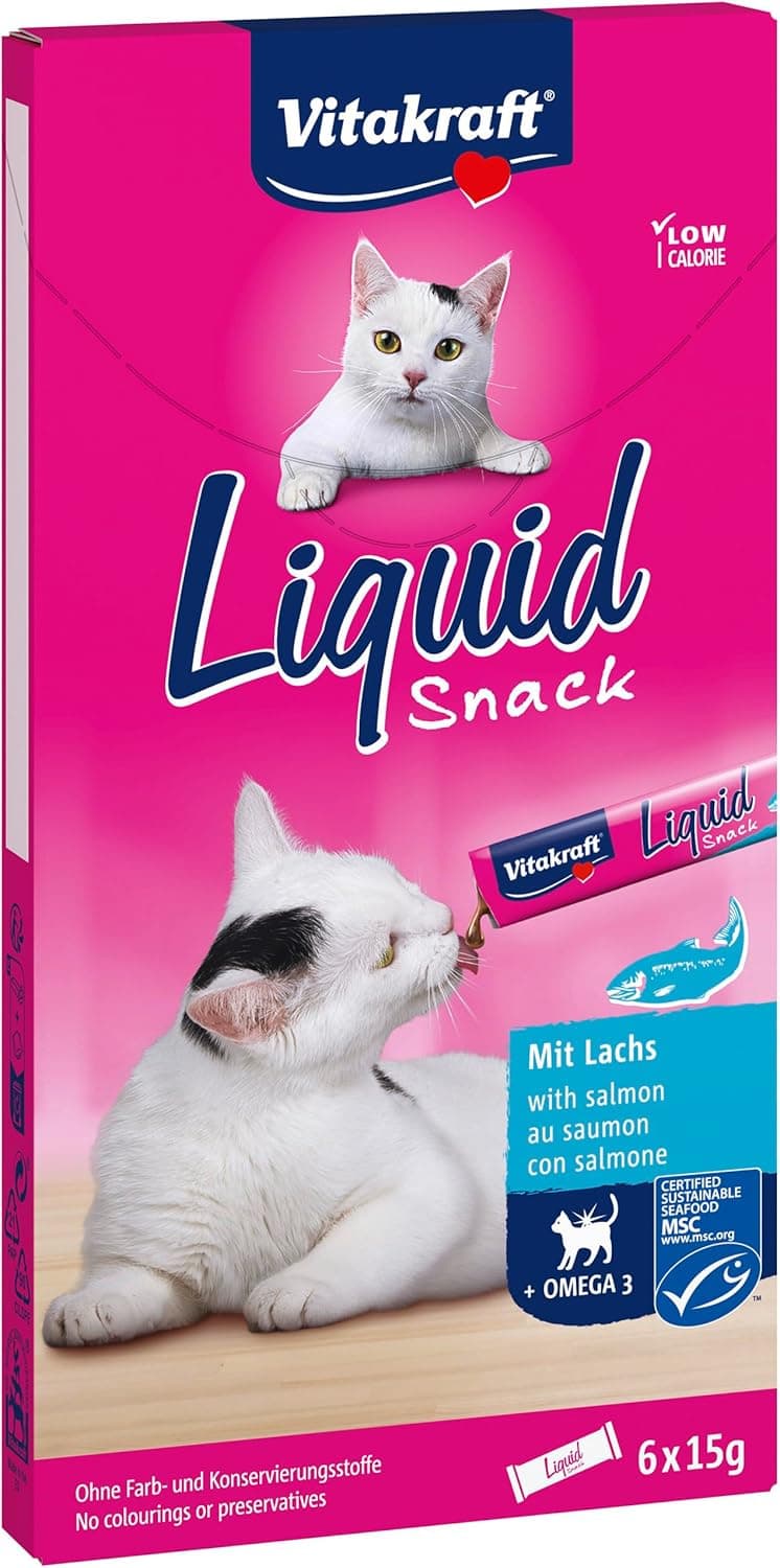 Vitakraft Liquid Snack | Creme de salmão com ómega 3 para gatos, 6 saquetas individuais de 15 g