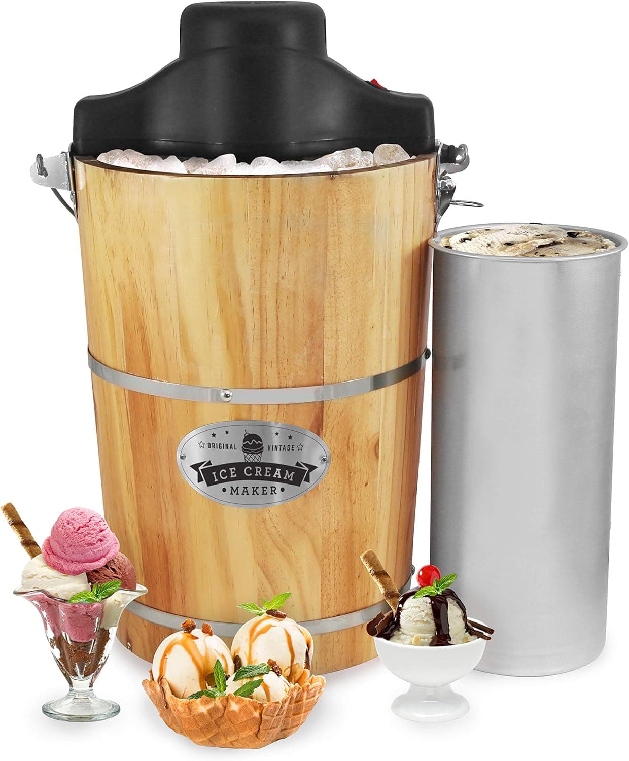 Elite Gourmet EIM916 Máquina de fazer gelados elétrica vintage em forma de balde de madeira de 5,5 l, manivela de fundido a pressão clássica extra, use sal marinho para bater gelados em minutos