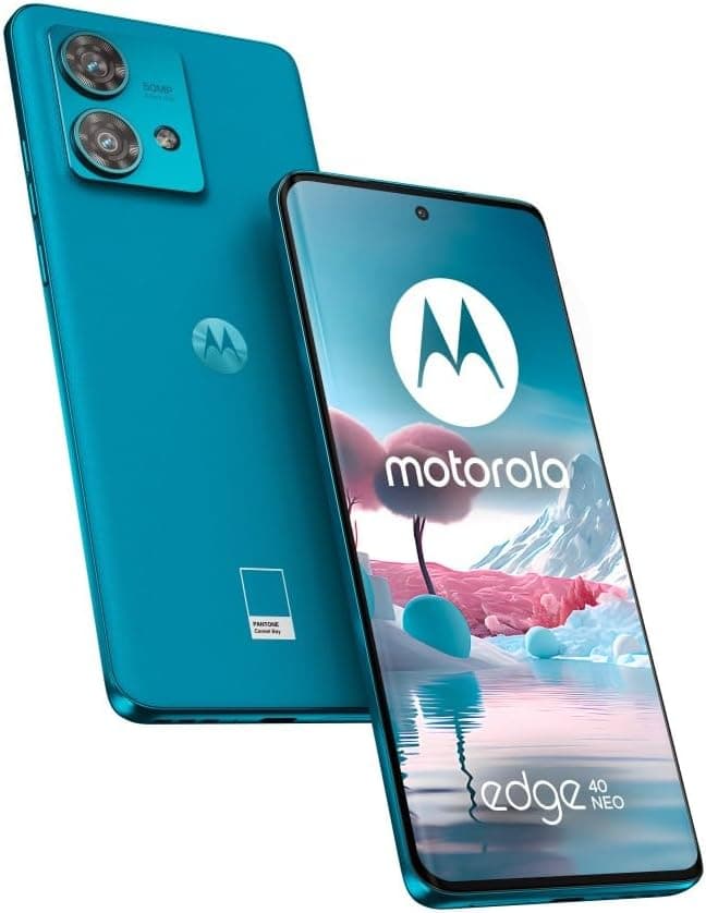 Motorola Edge 40 Neo, 12/256 GB, ecrã 6,55" pOLED 144Hz, IP 68, câmara 50MP ultra pixel, iOS, carregamento 68 W TurboPower, Dolby Atmos áudio, Android 13, bateria 5000 mAh, Dual SIM, Azul