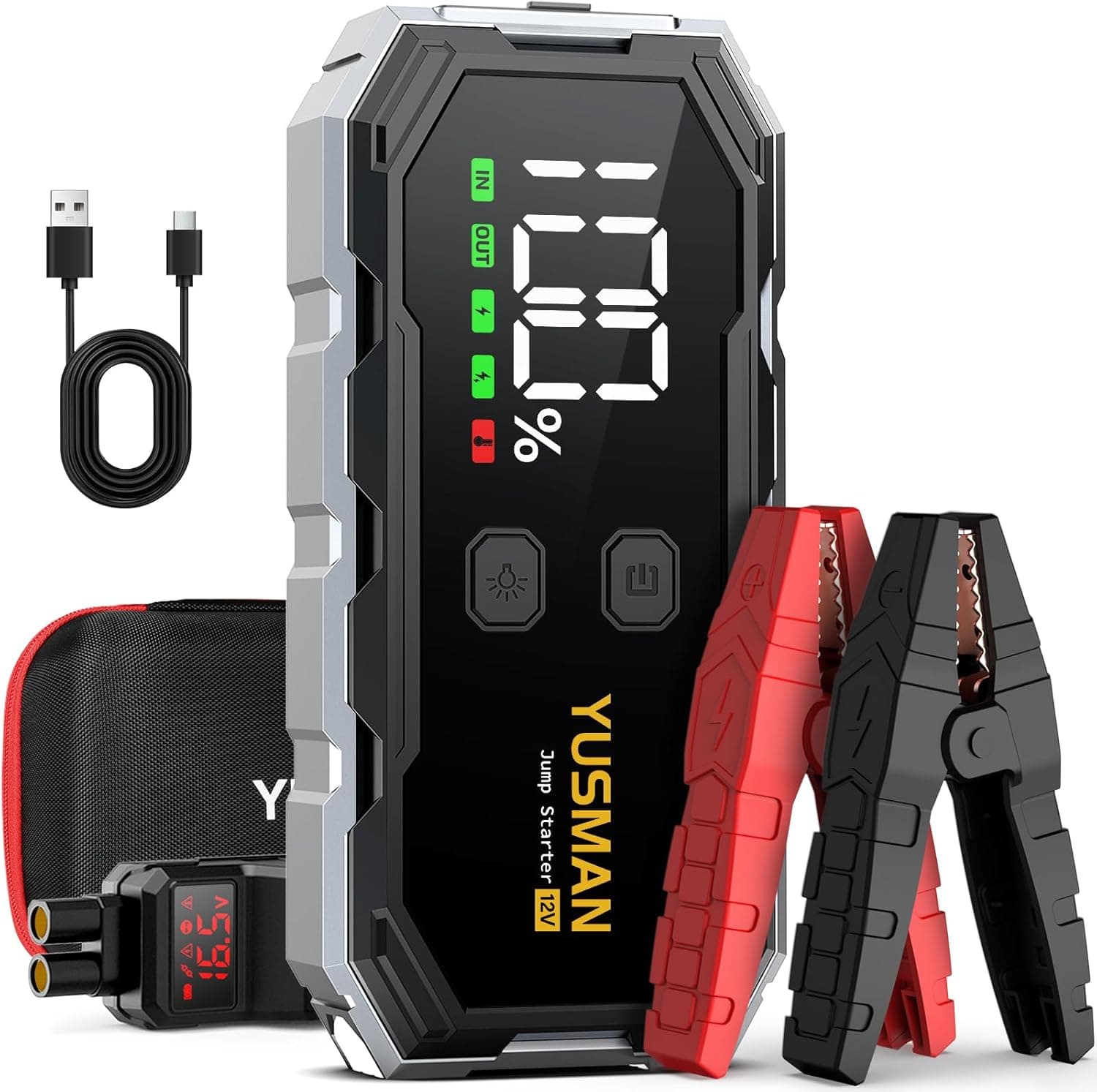 YUSMAN Iniciador de carro, 6000A iniciador de baterias de carro, 12 V iniciador de carro portátil com para ALL gasolina ou 10 l gasel, lanterna LED de emergência, carregamento rápido, ecrã LCD