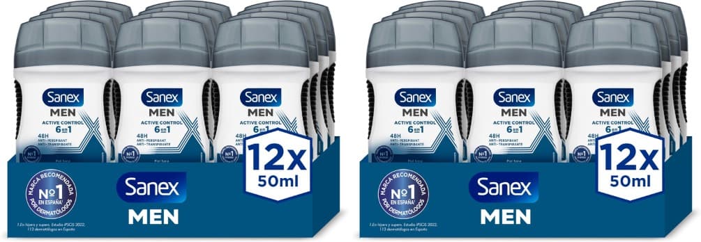 Sanex Men Active Control | Desodorizante stick antiodor de longa duração para homem, 12 unidades de 65 ml cada
