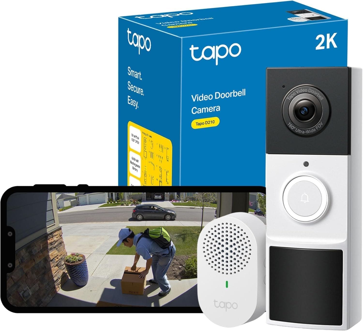 Tapo D210 Campainha sem fios com câmara 2K, campainha para porta de vídeo WiFi exterior impermeável, deteção de movimento inteligente, visão noturna, áudio bi-direcional, alerta, cartão SD/nuvem