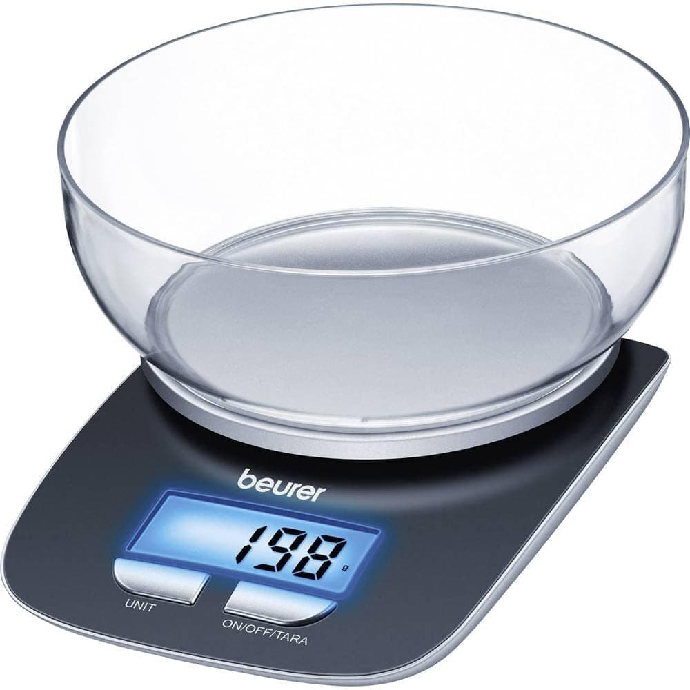 Beurer KS 25 Balança de cozinha com tigela transparente, função auto-tara, 3 kg/1 gr, ecrã LCD azul (6,6 x 2,8 cm), altura do ecrã 2,2 cm, cor preta prata