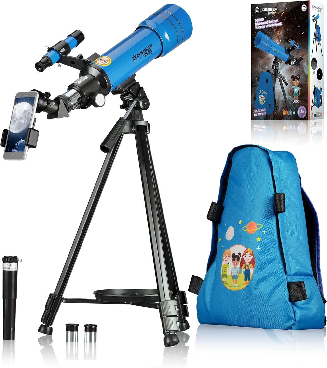 Bresser Junior 70/400 - Telescópio infantil a partir dos 8 anos, astronomia iniciantes, telescópio com mochila, acessórios e suporte para smartphone, céu noturno azul