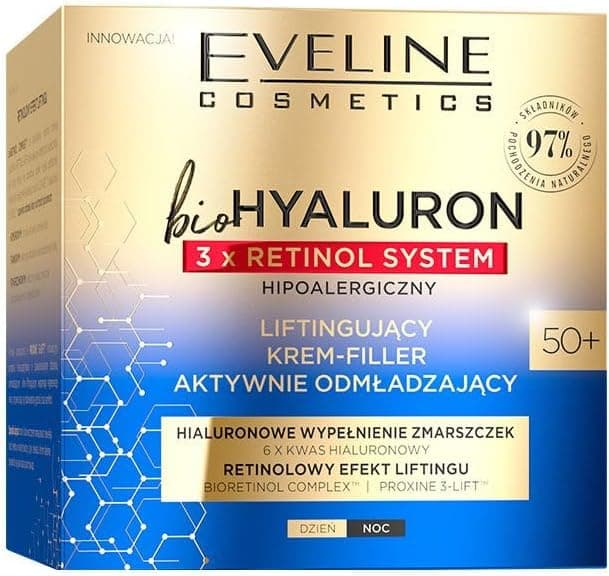 Eveline Cosmetics BioHyaluron 3 x Retinol | Creme de rosto rejuvenescedor e lifting ativo para pele madura, 50 ml