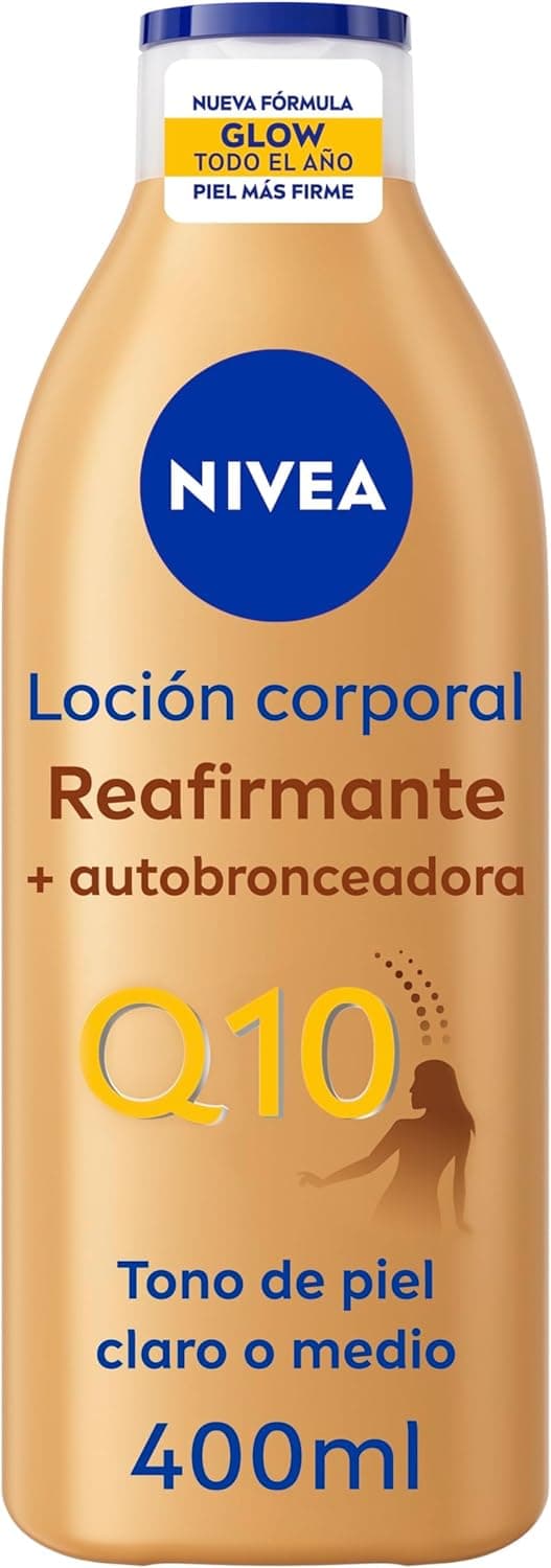 NIVEA Q10 Loção corporal reafirmante autobronzeadora (400 ml), creme hidratante corporal com coenzima Q10, creme bronzeador para tom de pele claro a médio