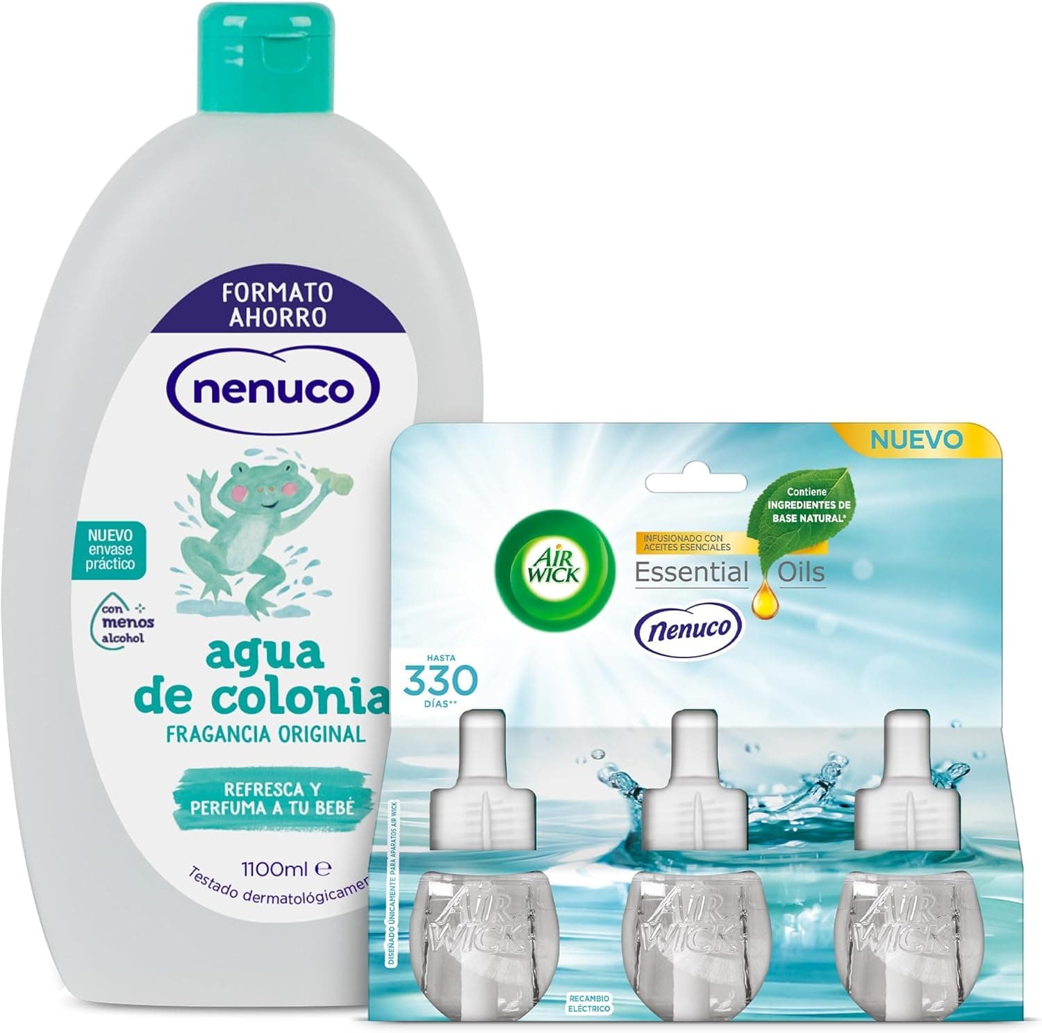 Nenuco Água de colónia, fragrância original, com menos álcool, formato de poupança de 1100 ml + Air Wick Elétrico, peças sobresselentes para ambientador elétrico automático, 3 unidades