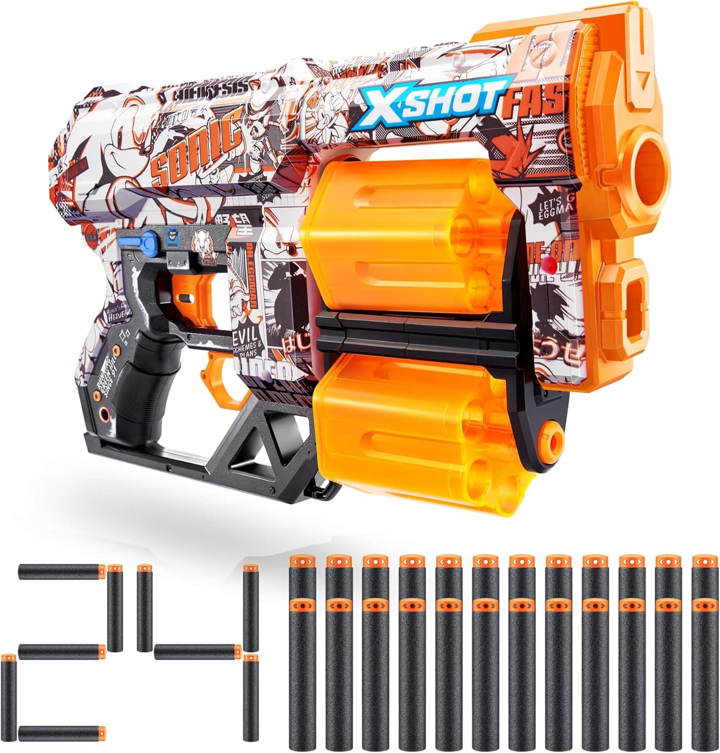 XShot Skins Dread Blaster Sonic Retro, design Sonic com 24 quartos, barras de rotação dupla, tecnologia Air Pocket Dart, brinquedo com espuma para crianças, adolescentes e adultos (24 quartos)