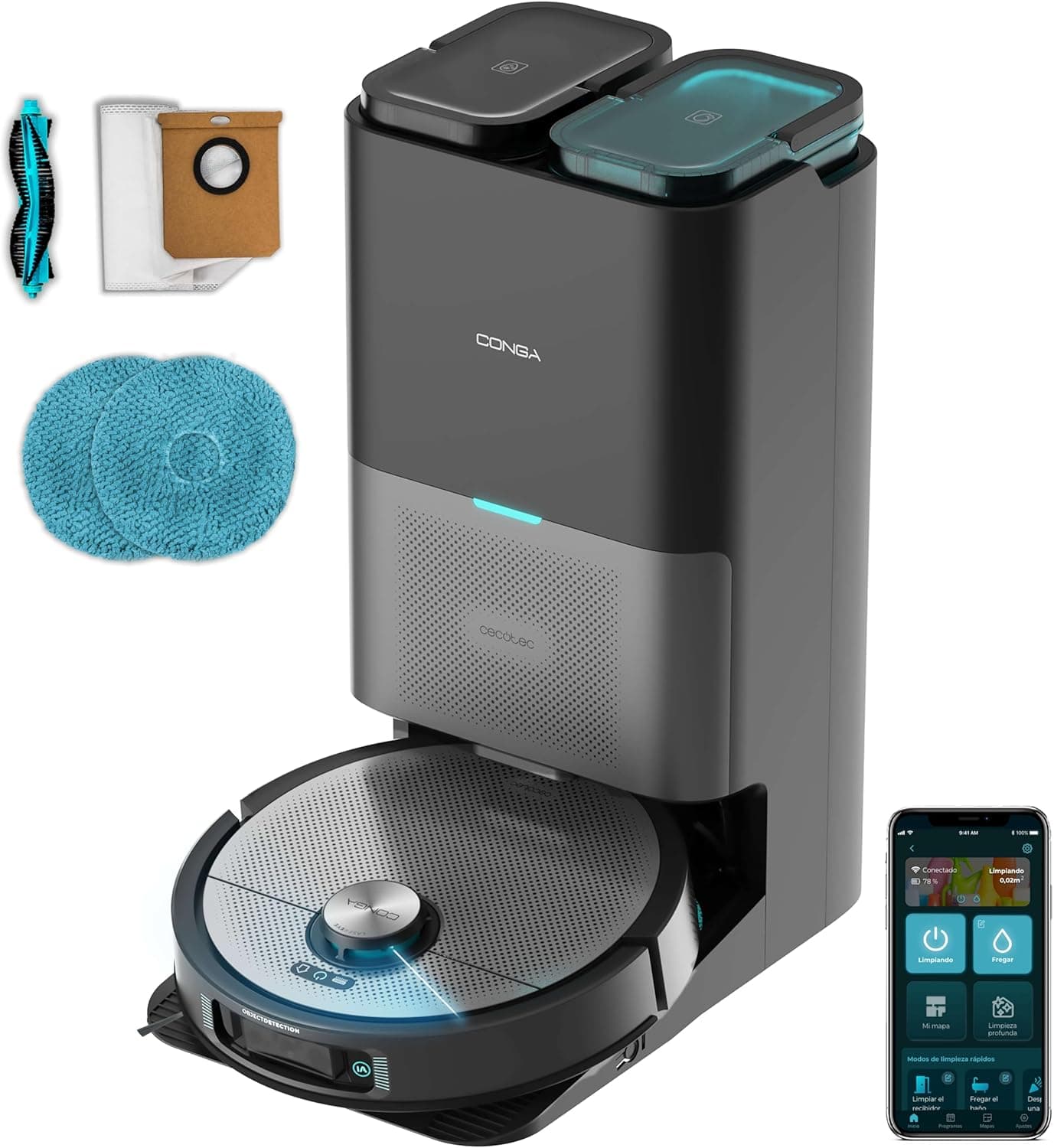 Cecotec Robot aspirador e esfregona base auto-esvaziada com Hair Cutting Conga 20090 ProAI InfinitySoap Cut&SPA. 8000 Pa, tecnologia a laser, deteção de objetos, dispensador de sabão, aplicativo
