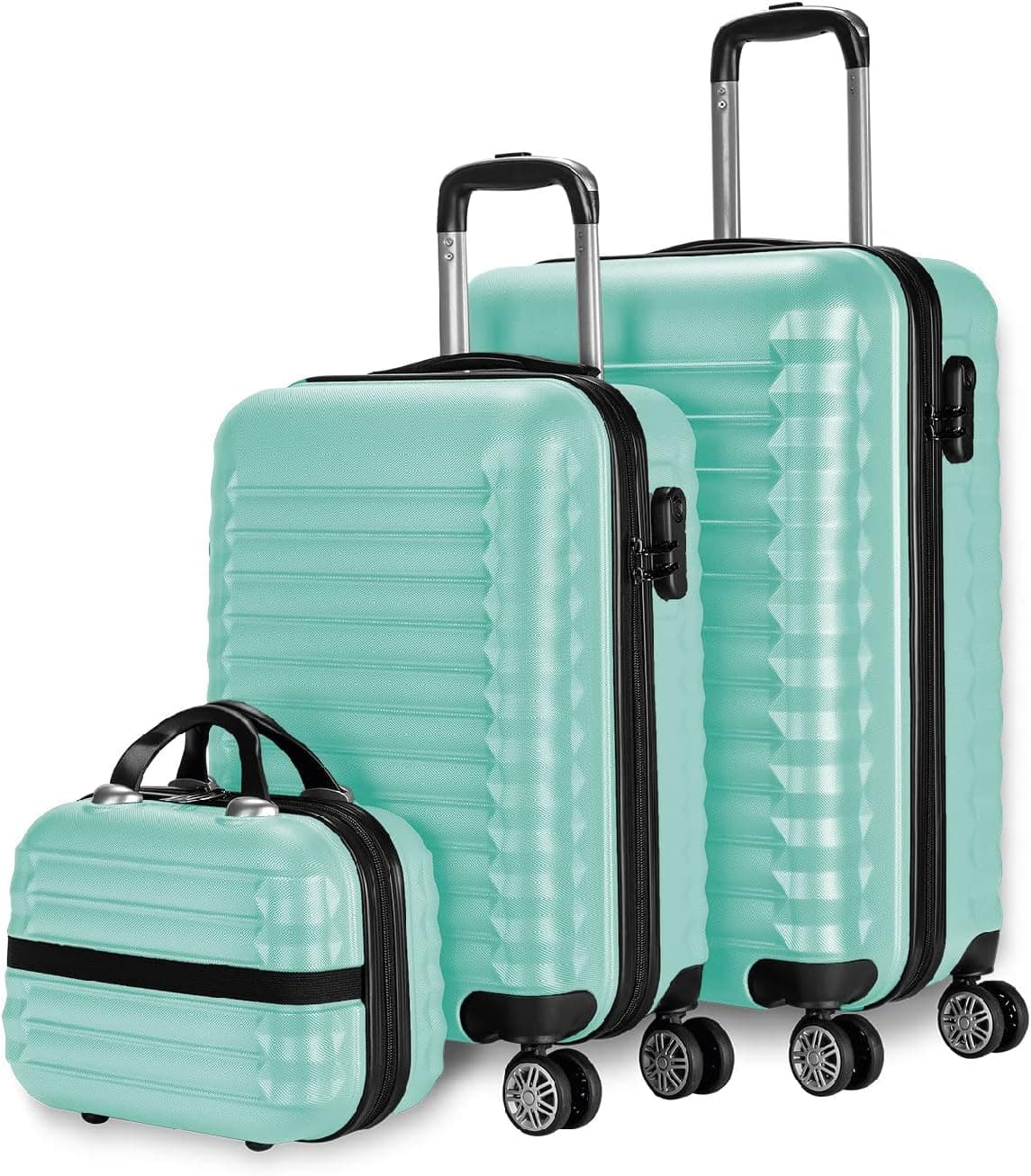 NUMADA Conjunto de malas rígidas 3/4 peças, mala de cabine 53 cm, média 63 cm, grande 75 cm e necessitar. Resistentes, leves e seguros, 3. Verde menta, 3 unidades, Conjunto de malas de viagem ABS Eco