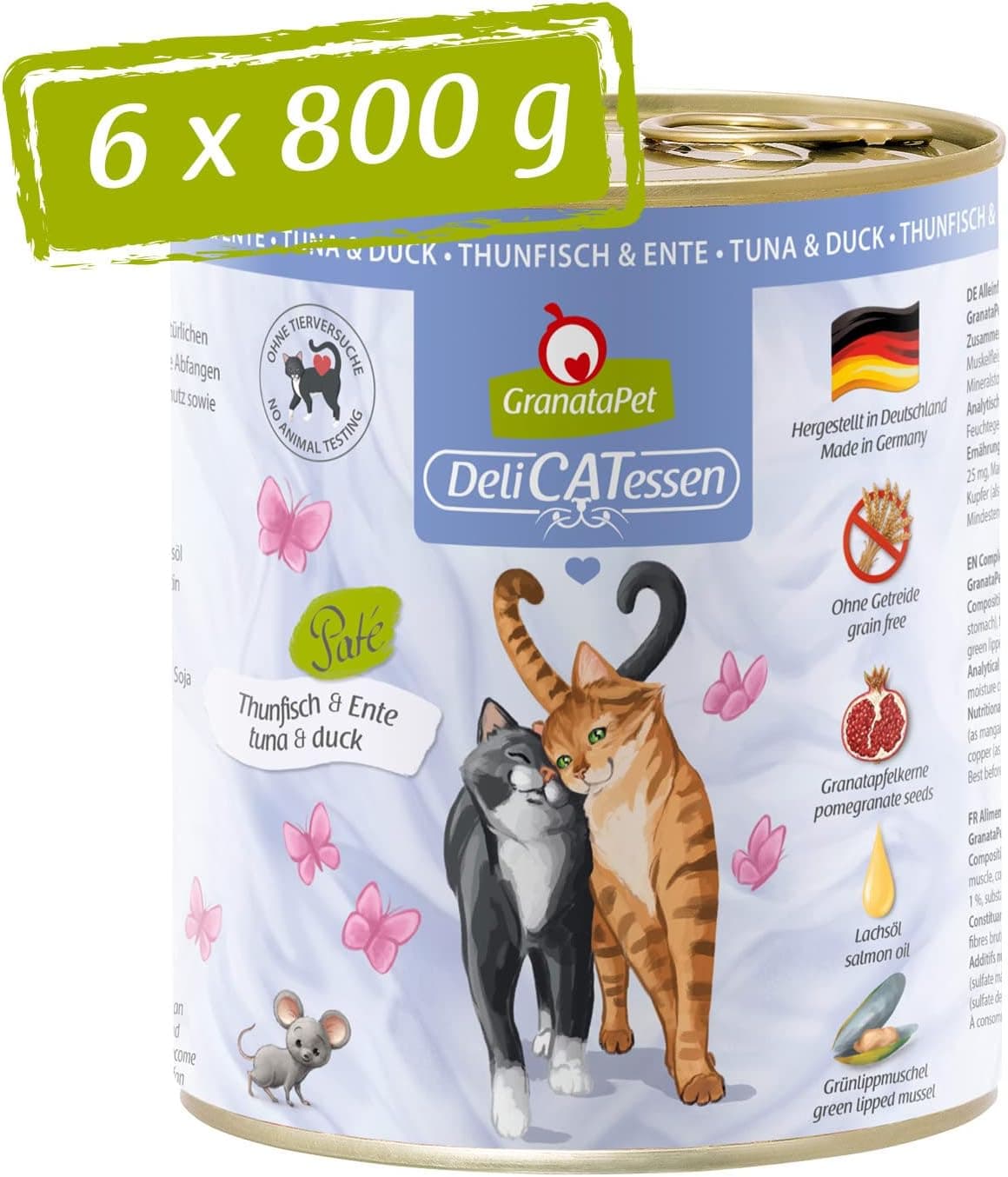 GranataPet Delicatessen | Comida húmida para gatos com atum e pato sem cereais, pack de 6 x 800 g