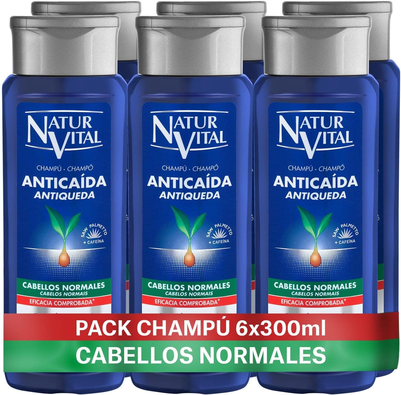 NaturVital - Embalagens 6 unidades de champô antiqueda, sem para-cabeços, corantes ou silicone, champô natural para cabelos normais, estimula o crescimento do cabelo, para homens e mulheres, 6 x 300 ml