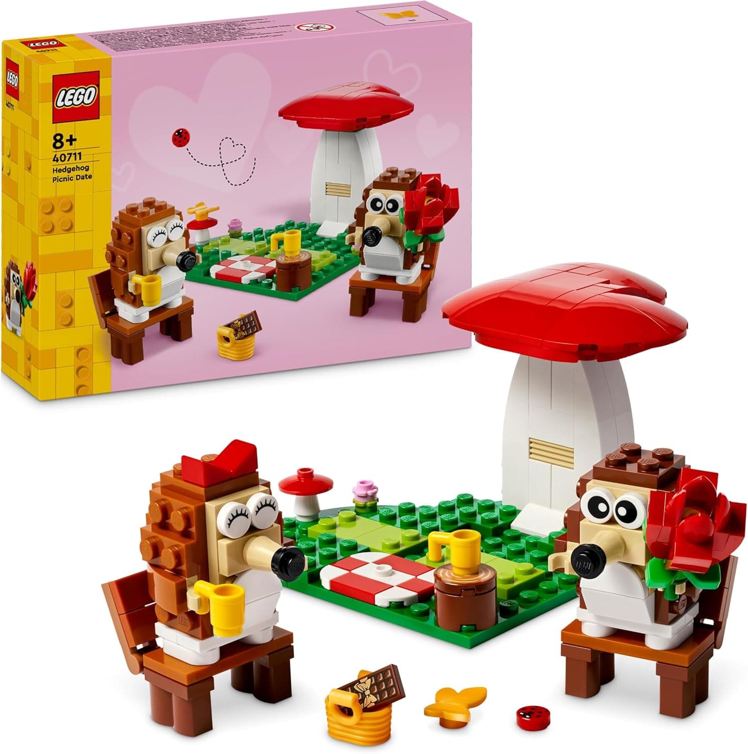 LEGO Piquenique de ouriço conjunto com figuras de animais de brinquedo de construção, manta e casaco de cogumelo