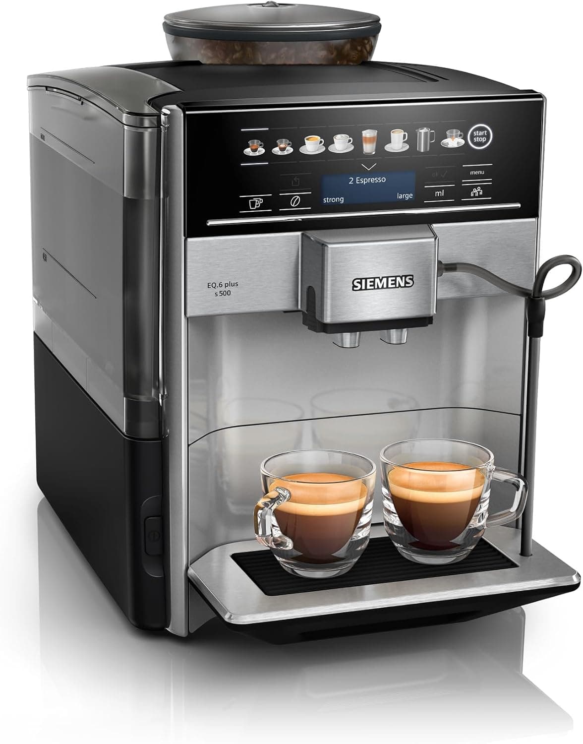 Siemens - Cafeteira super automática, EQ6 plus s500, aromaDouble Shot, autoMilk Clean, ceramDrive, Display CoffeeSelect, preto/inoxidável, TE655203RW