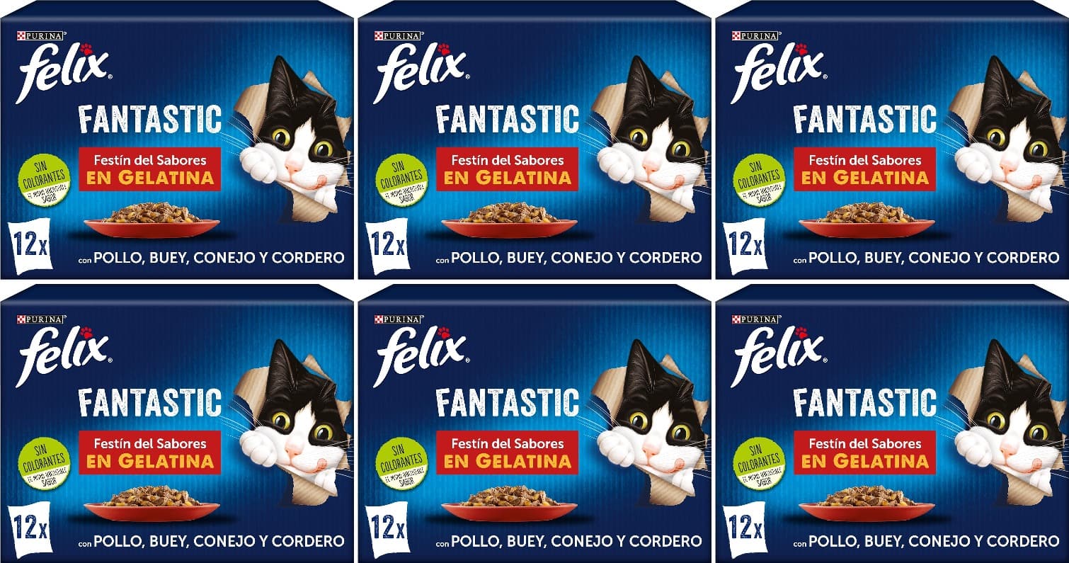 FELIX Fantastic, comida húmida para gato adulto, gelatina, variedade de frango, coelho, cordeiro e boi, 6 pacotes de 12 envelopes de 85 g (72 envelopes )