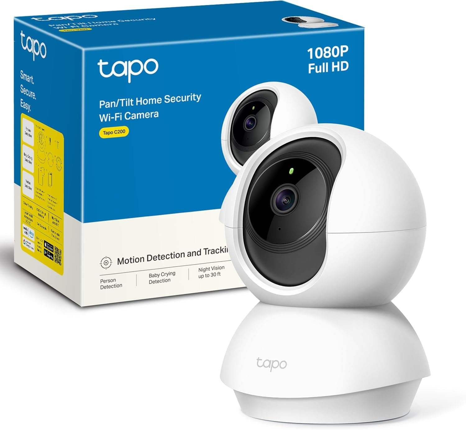 Tapo C200 – Câmara IP WiFi 360° FHD 1080p Câmara de vigilância, visão noturna, notificações em tempo real, suporte para cartão SD, deteção de movimento, controlo remoto, compatível com Alexa 1 pacote