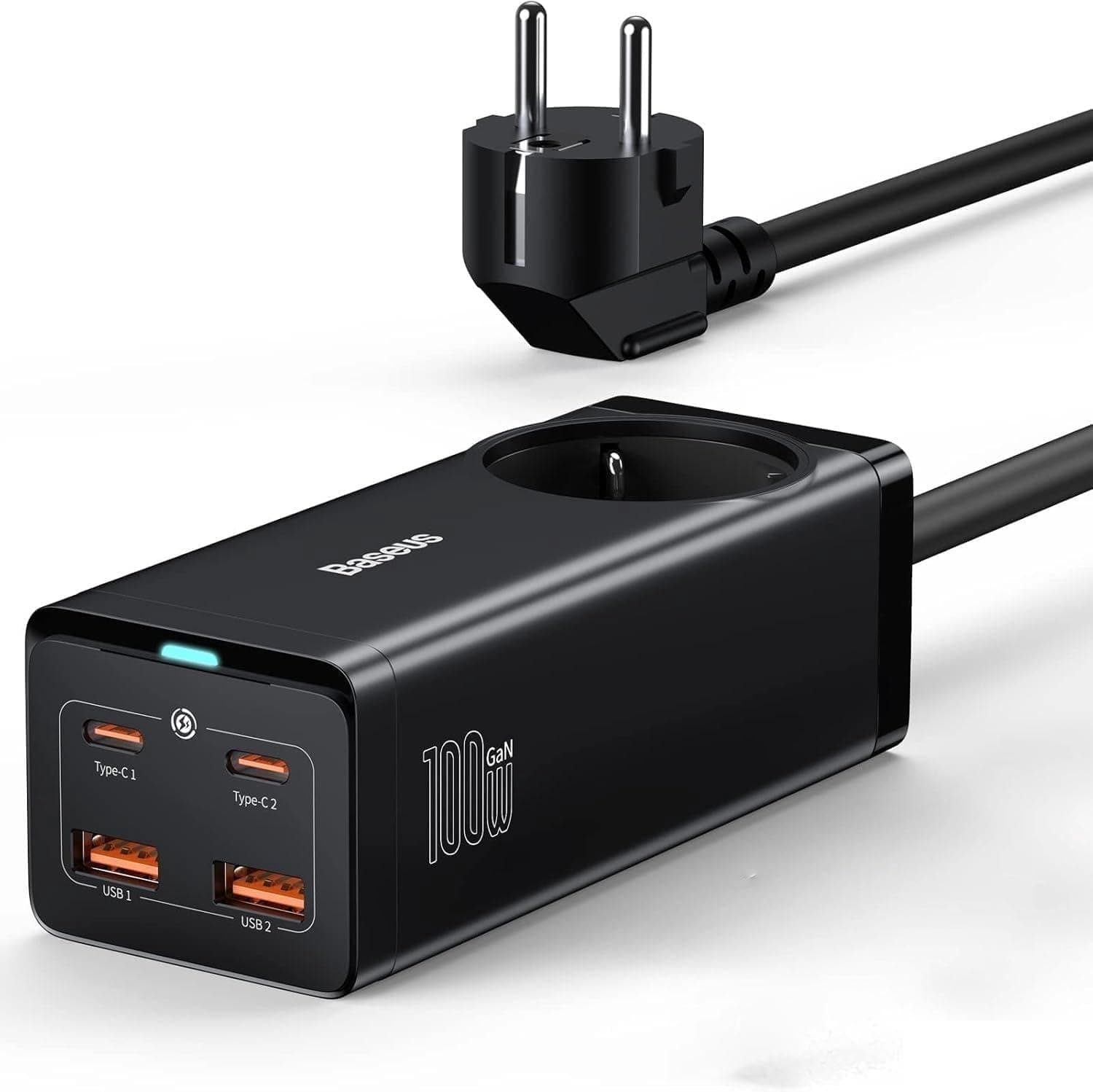 Baseus GaN3 PowerCombo 100W | Carregador USB-C de alta potência com 1 tomada AC e 4 portas para portáteis e dispositivos móveis