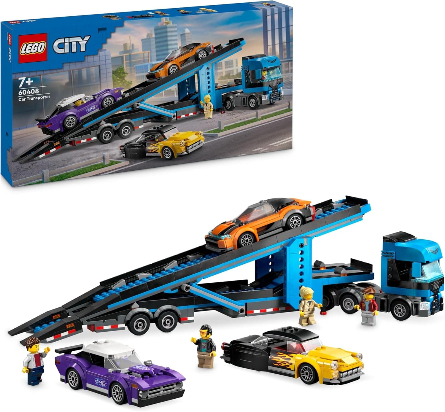 LEGO City Camião de Transporte com Desportivos | Conjunto de construção com 4 veículos e 4 minifiguras para crianças a partir dos 7 anos