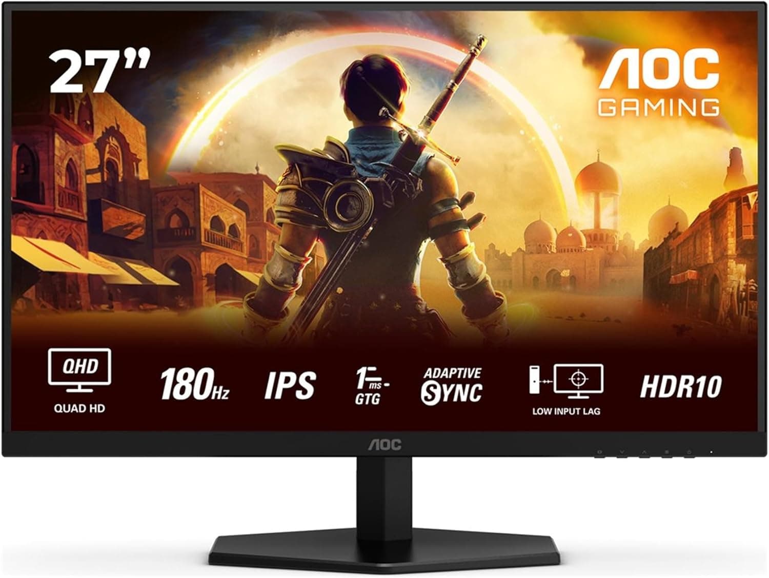 AOC Q27G42XE Monitor Gaming QHD, 180 Hz, IPS, 1 ms GtG, HDR10, FreeSync Prem., G-Sync Compat, colunas (2560 x 1440, 2X HDMI 2.0, 1 x DP 1,4) preto
