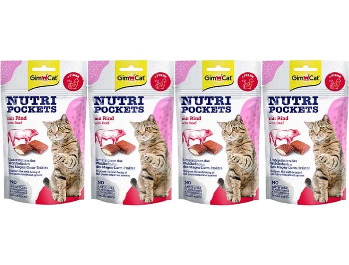GimCat Nutri Pockets com carne bovina - lanche crocante para gatos com recheio cremoso e ingredientes funcionais - 4 x 60 g