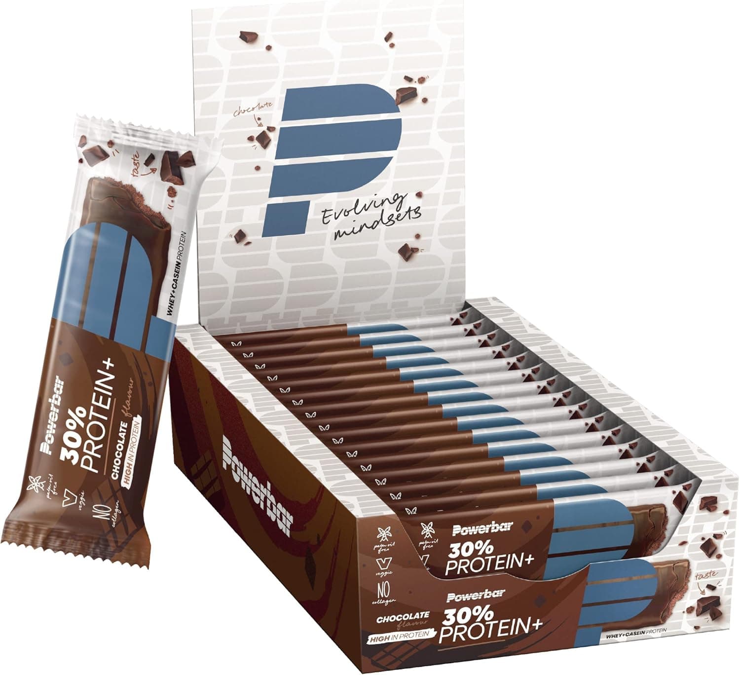 PowerBar Protein Plus 30% | Barras proteicas de chocolate com soro e caseína, pack de 15 x 55 g