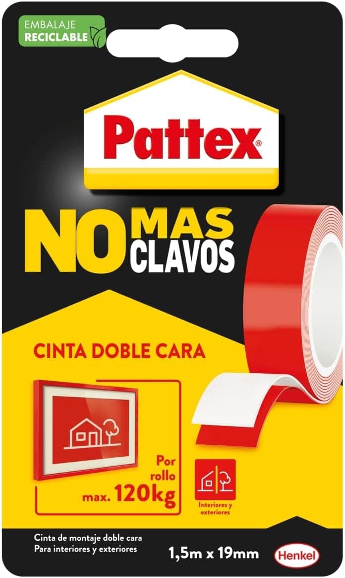 Pattex Fita adesiva para aplicações permanentes, chega de pregos, fita dupla face extra-forte, adesivo de montagem para interior e exterior, 19 mm x 1,5 m