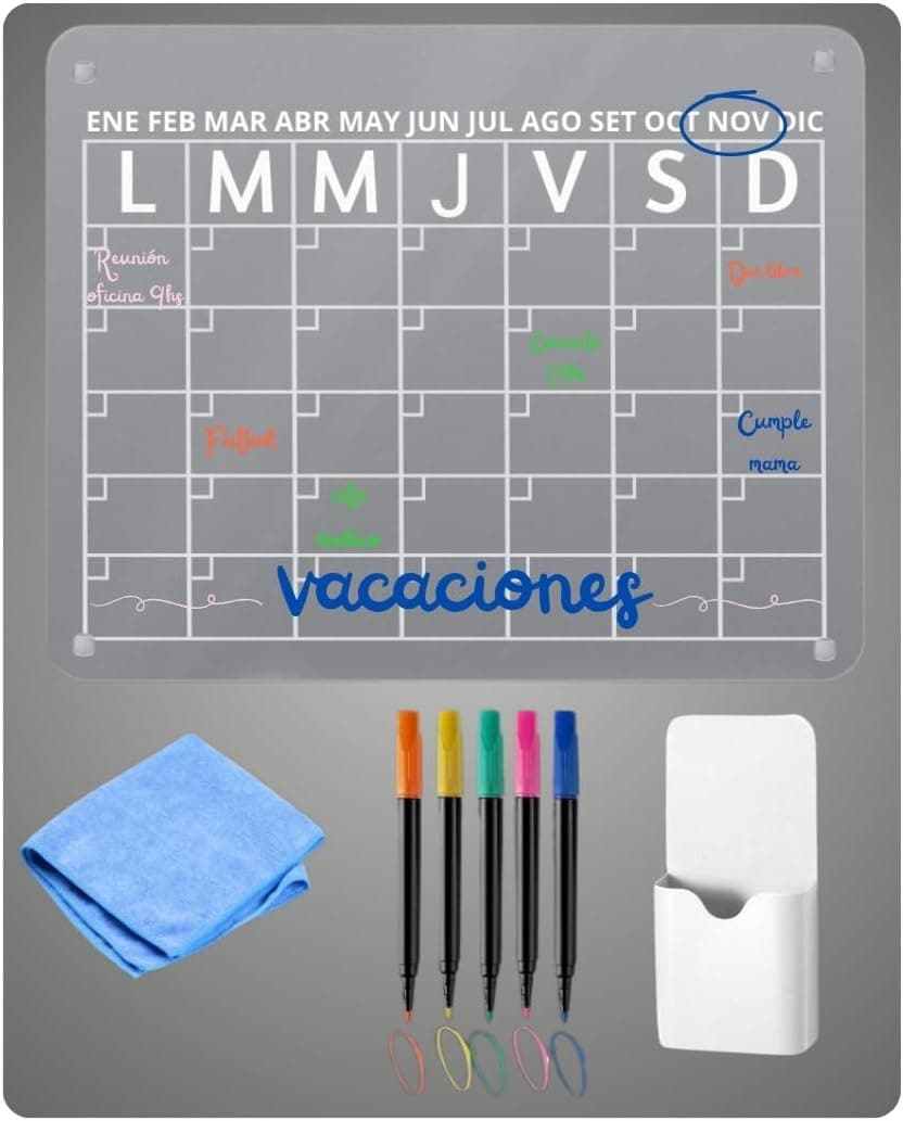 Calendário magnético frigorífico, planeador mensal reutilizável, inclui 5 marcadores de apagar a seco. Acrílico para frigorífico para planear a sua vida diária (30 x 40 cm)