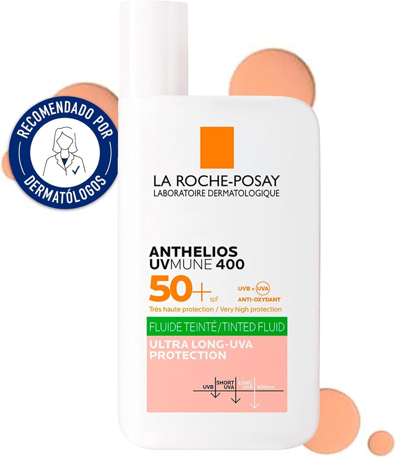 La Roche Posay fluído invisível com cor, protetor solar SPF50+, efeito matador de 24 horas, resistente à água, suor e areia, fórmula com Mexoryl 400, anthelios UV-MUNE 400 Oil Control, 500 0ml
