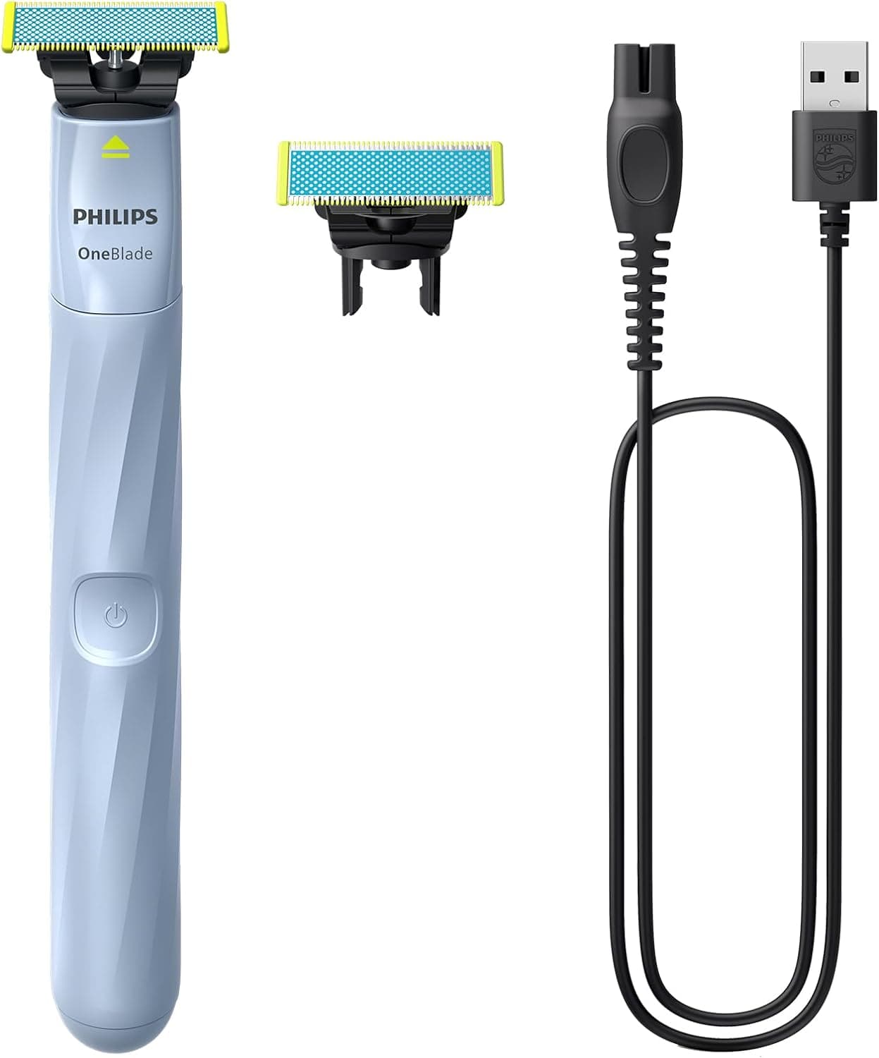 Philips OneBlade First Shave Autêntico aparador de barba, máquina de barbear para homem, 2 lâminas, carregador USB-A sem adaptador de parede, QP1324/30
