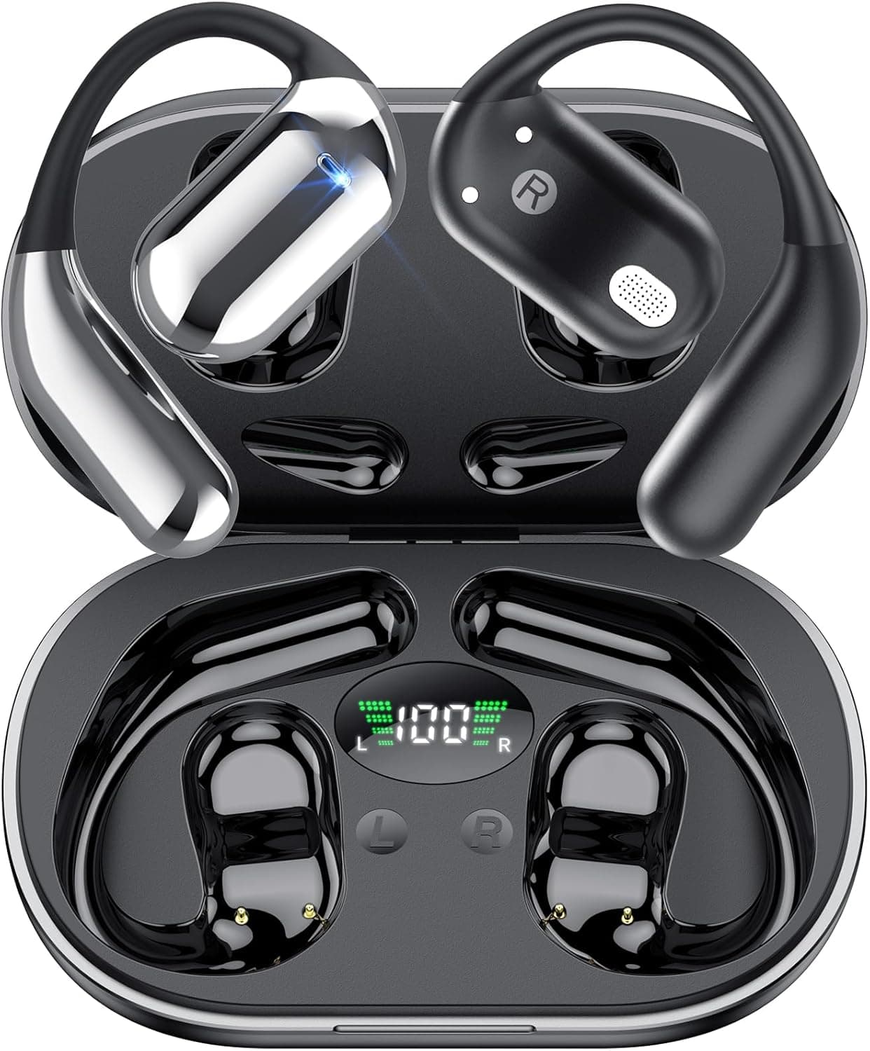 Auriculares sem fios desportivos, 2025 sem fios auriculares orelha aberta Bluetooth 5.4 com gancho, 50 horas de reprodução com ecrã LED, IP7 impermeável para Running Sport, controlo tátil