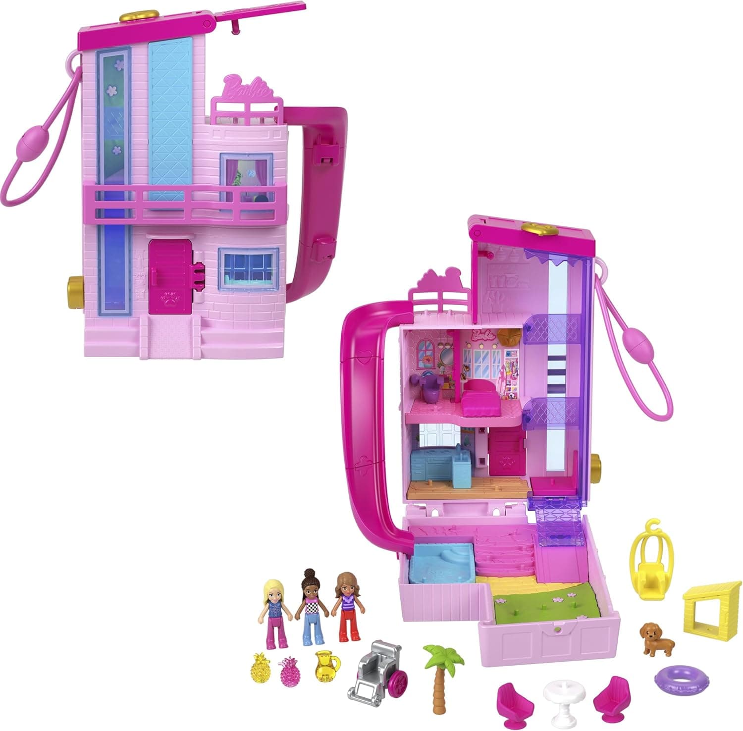 Polly Pocket Barbie HWP11 | Casa de sonho com 3 bonecas, 1 cão, elevador, piscina e 11 acessórios