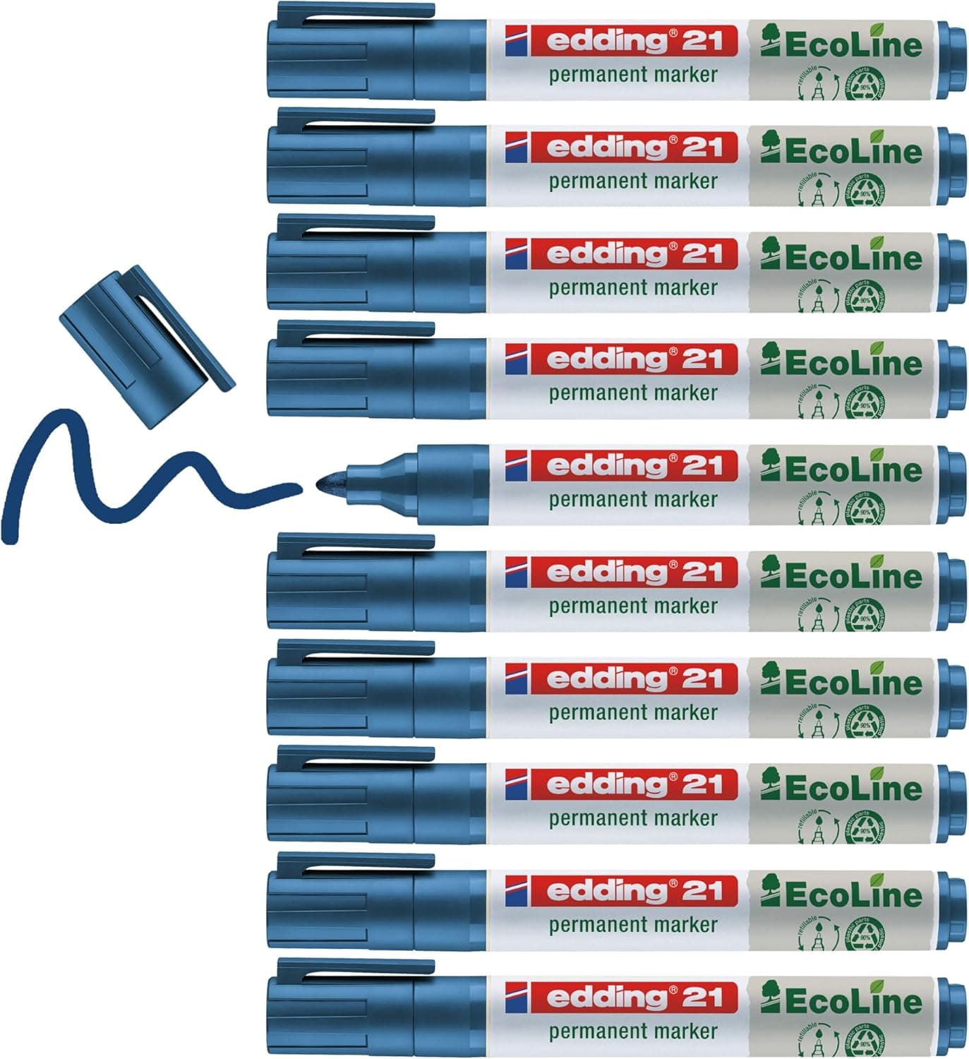 edding 21 marcador permanente EcoLine - azul - 10 marcadores - ponta redonda 1,5-3 mm - secagem rápida indelével - resistente à água e aos borrões - cartão plástico madeira metal tecido - universal