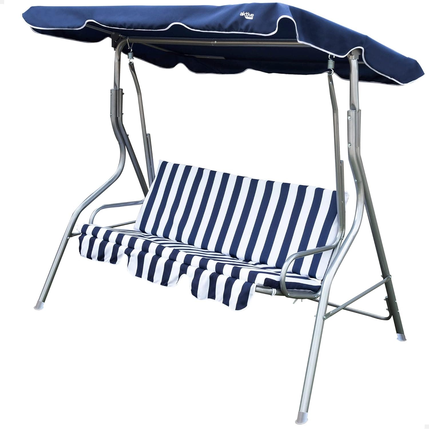 Aktive 61112 - Balanço jardim exterior 3 lugares azul - branco | Toldo inclinável, assento e encosto acolchoados, Balancim de jardim exterior antiderrapante, medidas 170 x 110 x 153, móveis de jardim