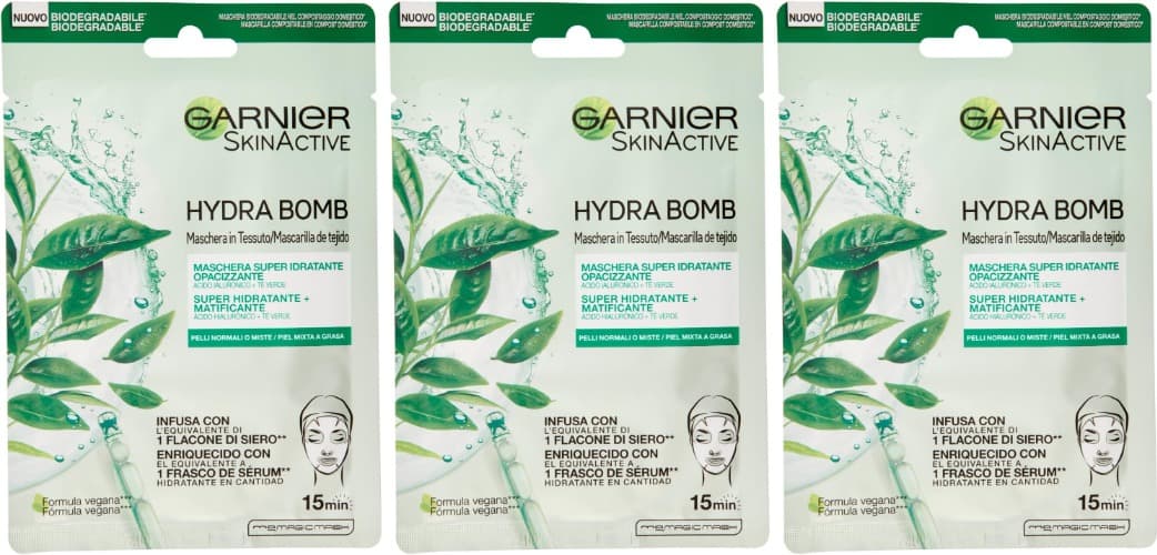 GARNIER Skin Active Máscara de tecido HydraBomb, hidratante e matizante, para peles mistas a gorduras, 3 un