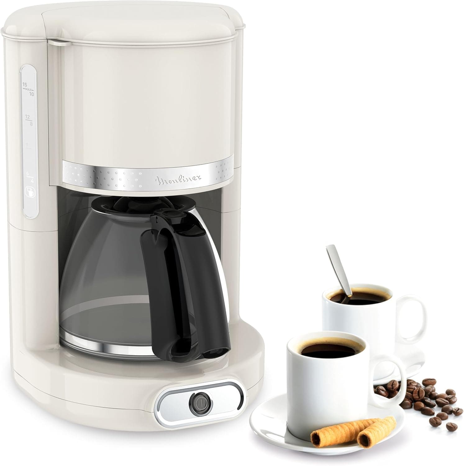 Moulinex Cafeteira filtro Soleil FG381A - Cafeteira de filtro vintage de 1000 W, capacidade de 1,25 l, jarro de vidro, sistema anti-gotejamento, desligamento automático, fácil armazenamento