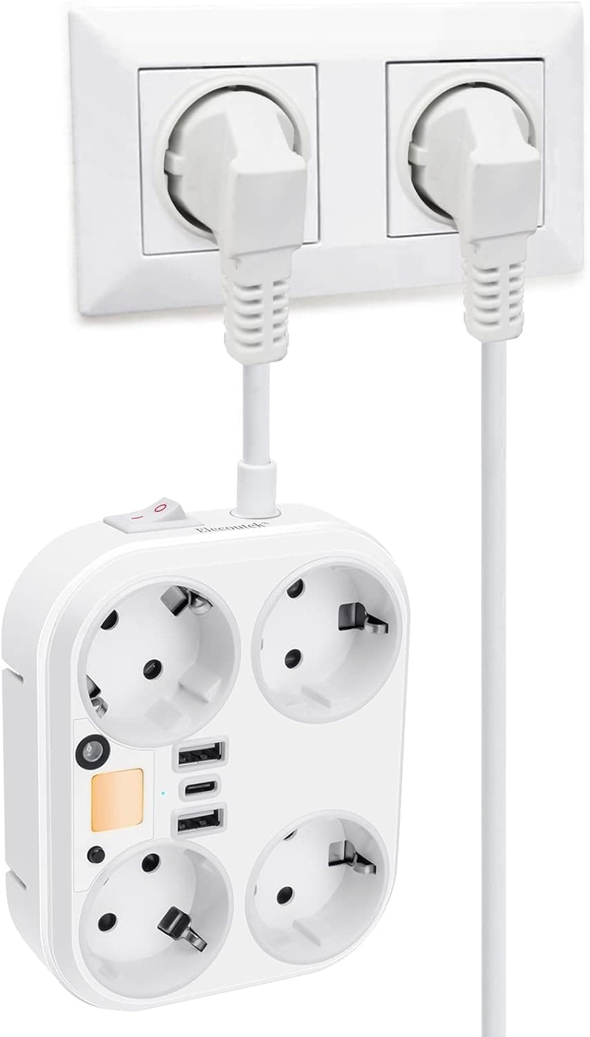 Elecoutek 8 em 1 tomadas múltiplas tomadas com USB, USB C, padrão tomadas com interruptor extensão tomada parede 4 tomadas 10 cm cabo curto, branco