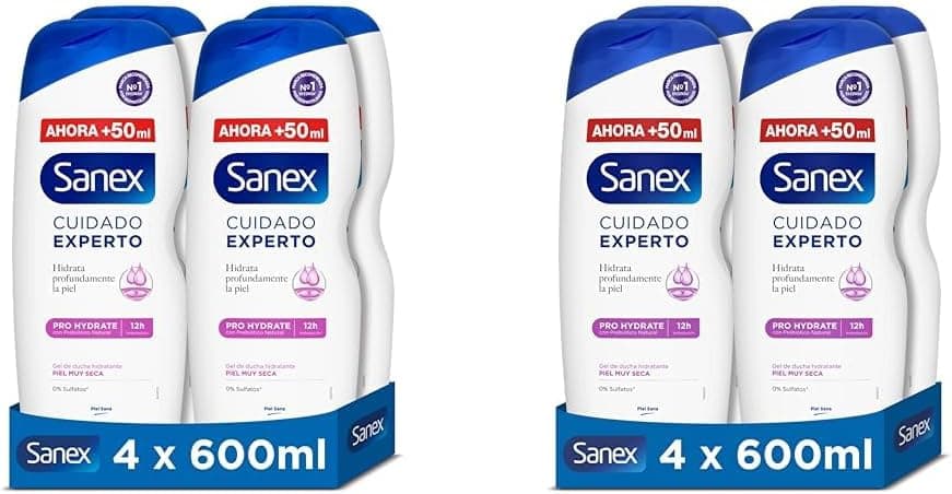 Sanex Cuidado especializado Pro Hydrate gel de duche, fórmula com prebiótico natural, hidratação profunda da pele, 12 H hidratação, 0 % sulfatos, para pele muito seca, 2 packs de 4 x 600 ml