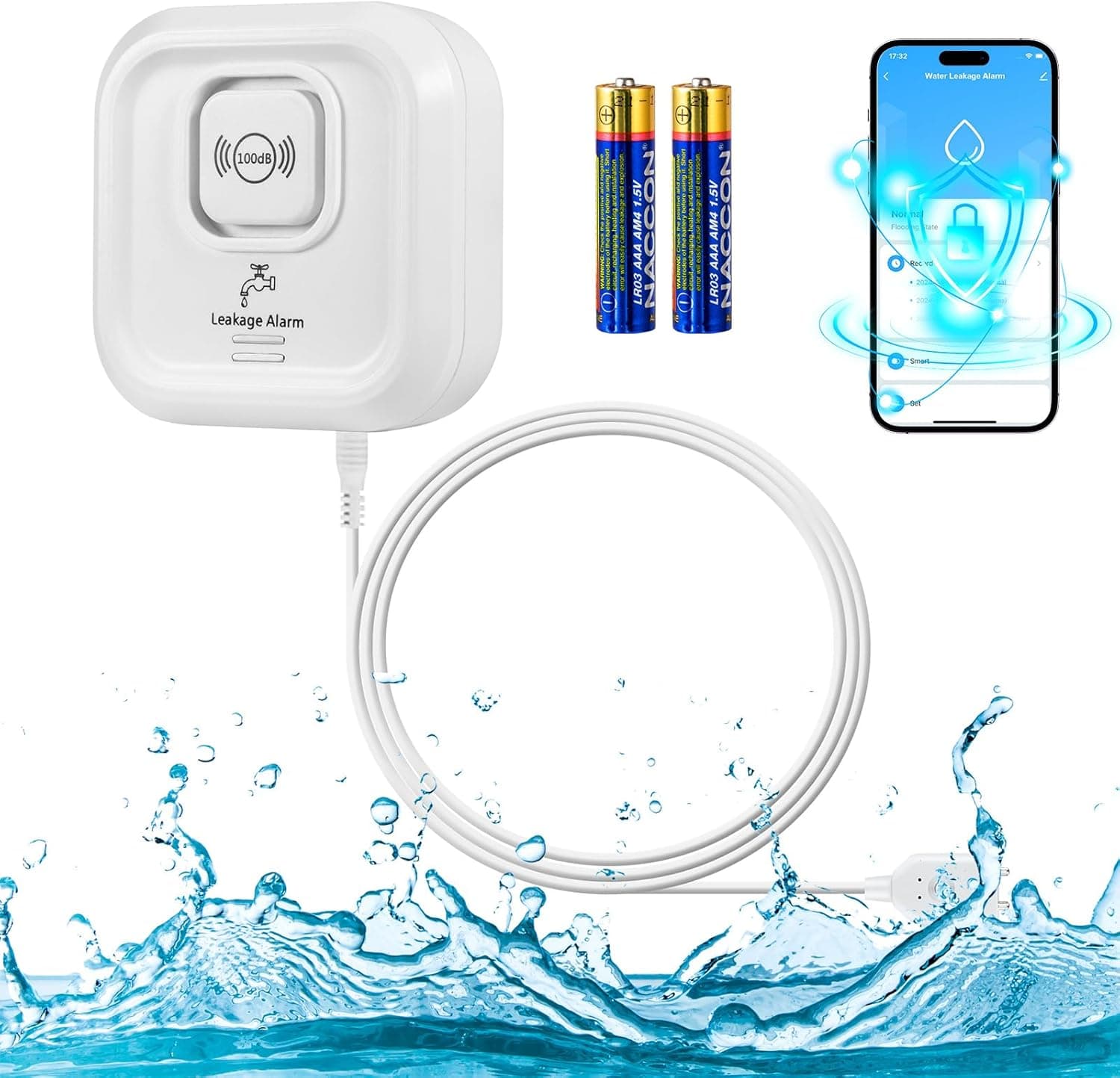 KERUI WiFi Water Leak Detector | Sensor wireless com alarme 100 dB e cabo de sonda de 105 cm para deteção de fugas de água